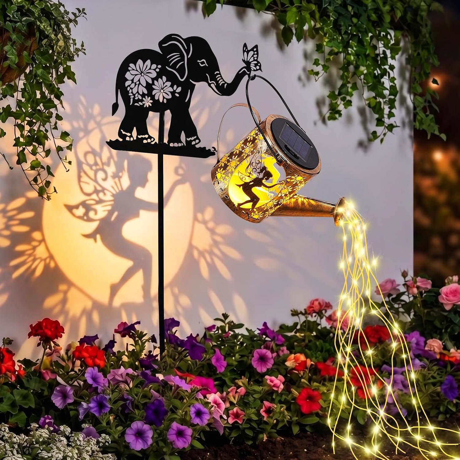 LOVERUIS Solar Garden Decor,Outdoor Elephant Statues with Solar Watering Can Lights-Yard Decorations for Patio, Backyard, Lawn Ornaments-Unique Birthday House Warming Gifts for Women, Mom, Grandma