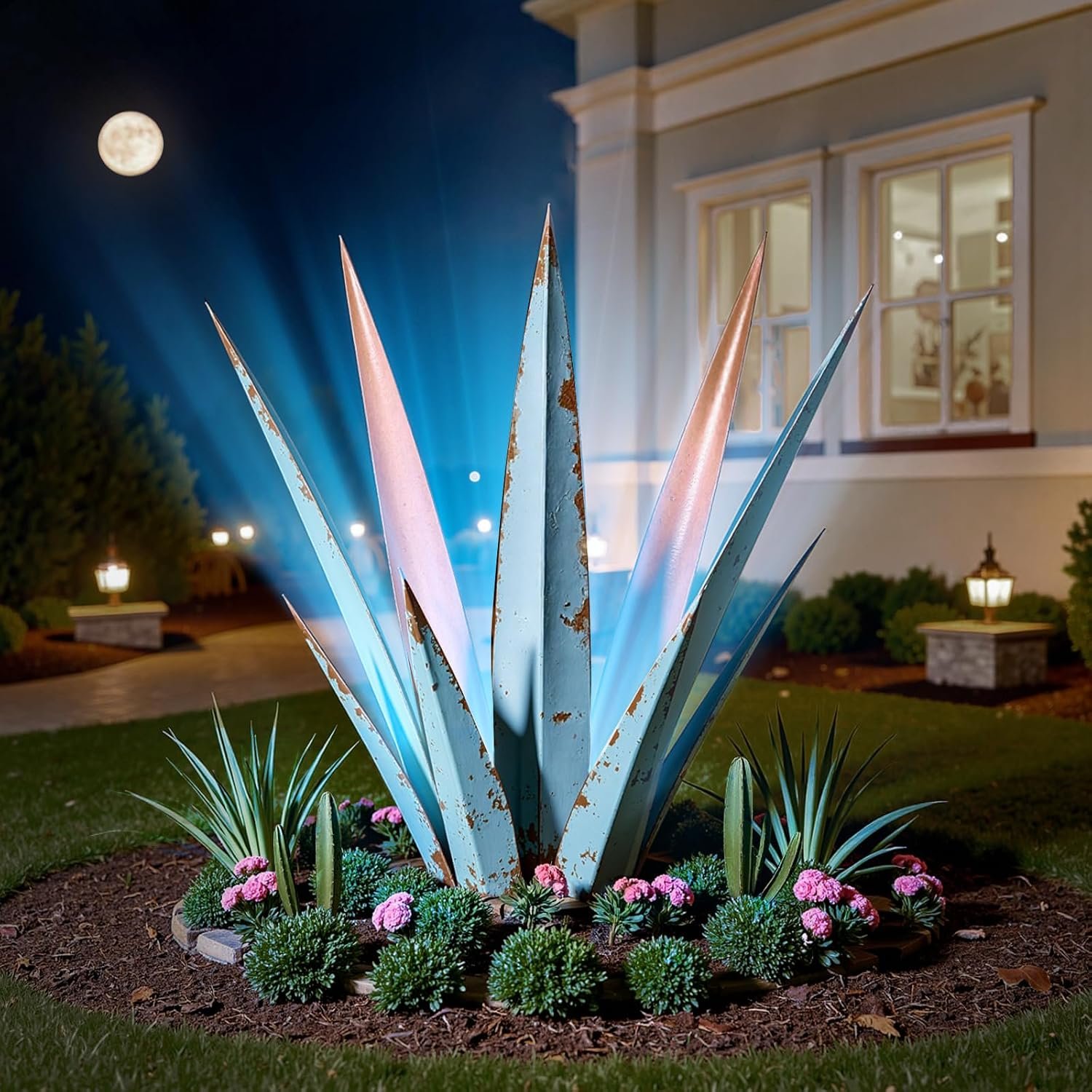 KODIBO 24″ Metal Agave Plant Outdoor Decor with Solar Light, Vintage Blue