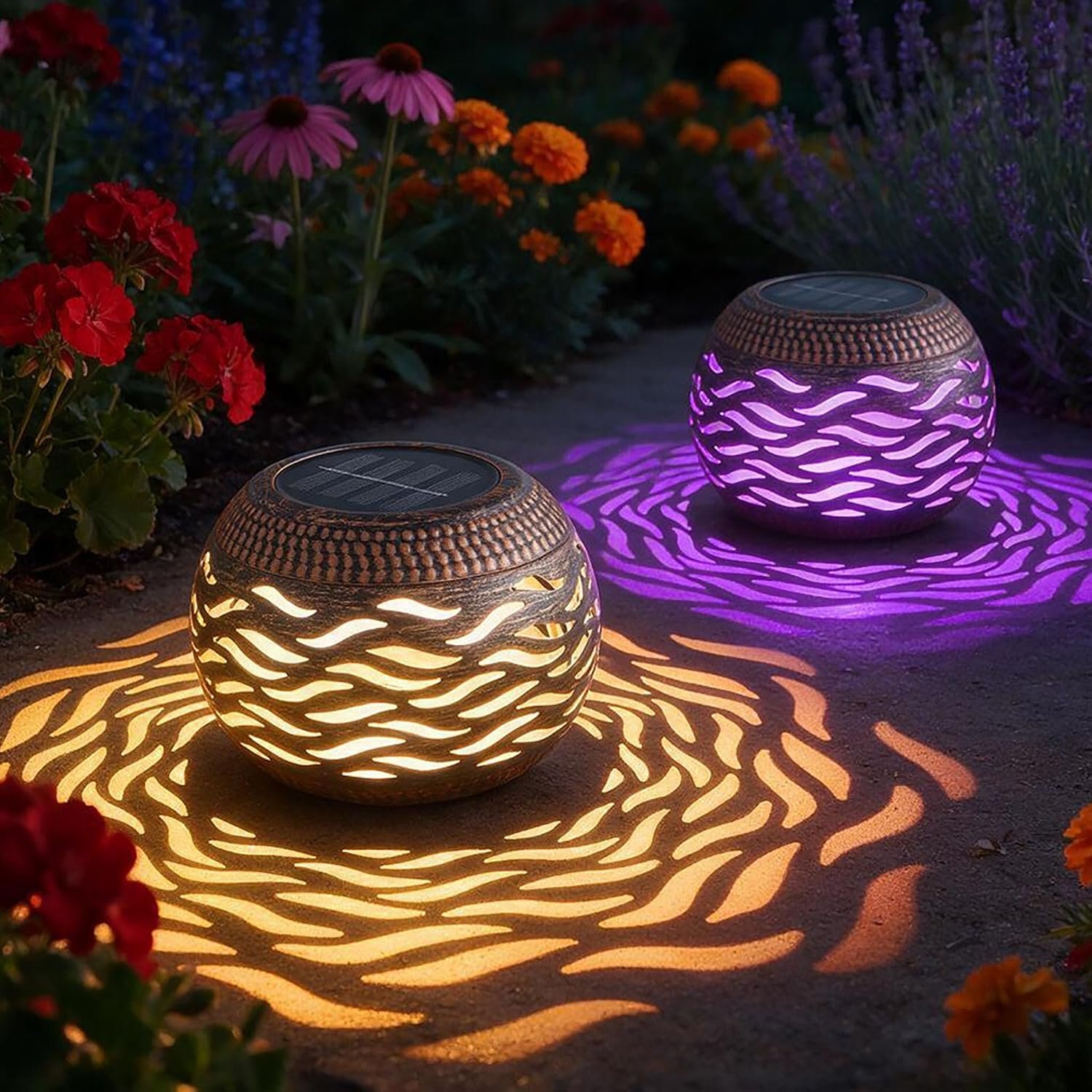 Solar Lanterns Outdoor Waterproof 2 Pack, Retro Metal Hollow Out Solar Lantern Lights with 3 Lighting Modes, Decorative Table Lanterns for Garden Yard Patio Porch , Gardening Gifts for Women Mom