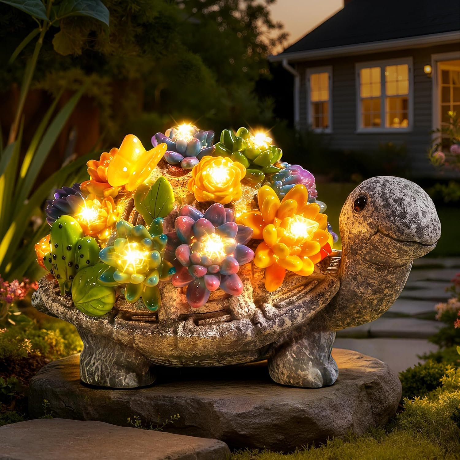 Guhope Solar Garden Statues, Outdoor Turtle Decor with Succulent and 8 LED Lights, Resin Outside Yard Figurine Decor for Garden, Yard, Lawn, Balcony, Porch, Gifts for Mom Grandma