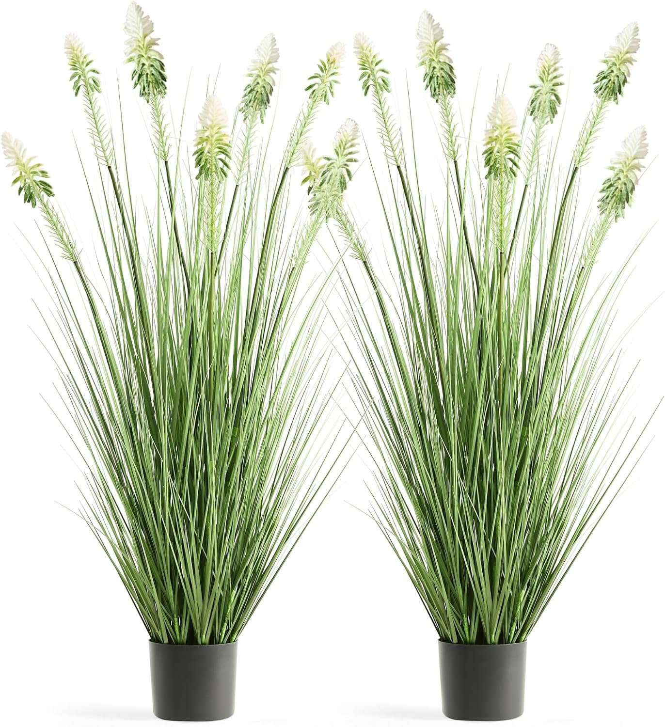 4ft 2-Pack Faux Horsetail Reed Grass with White Cockscomb Flower in Pot