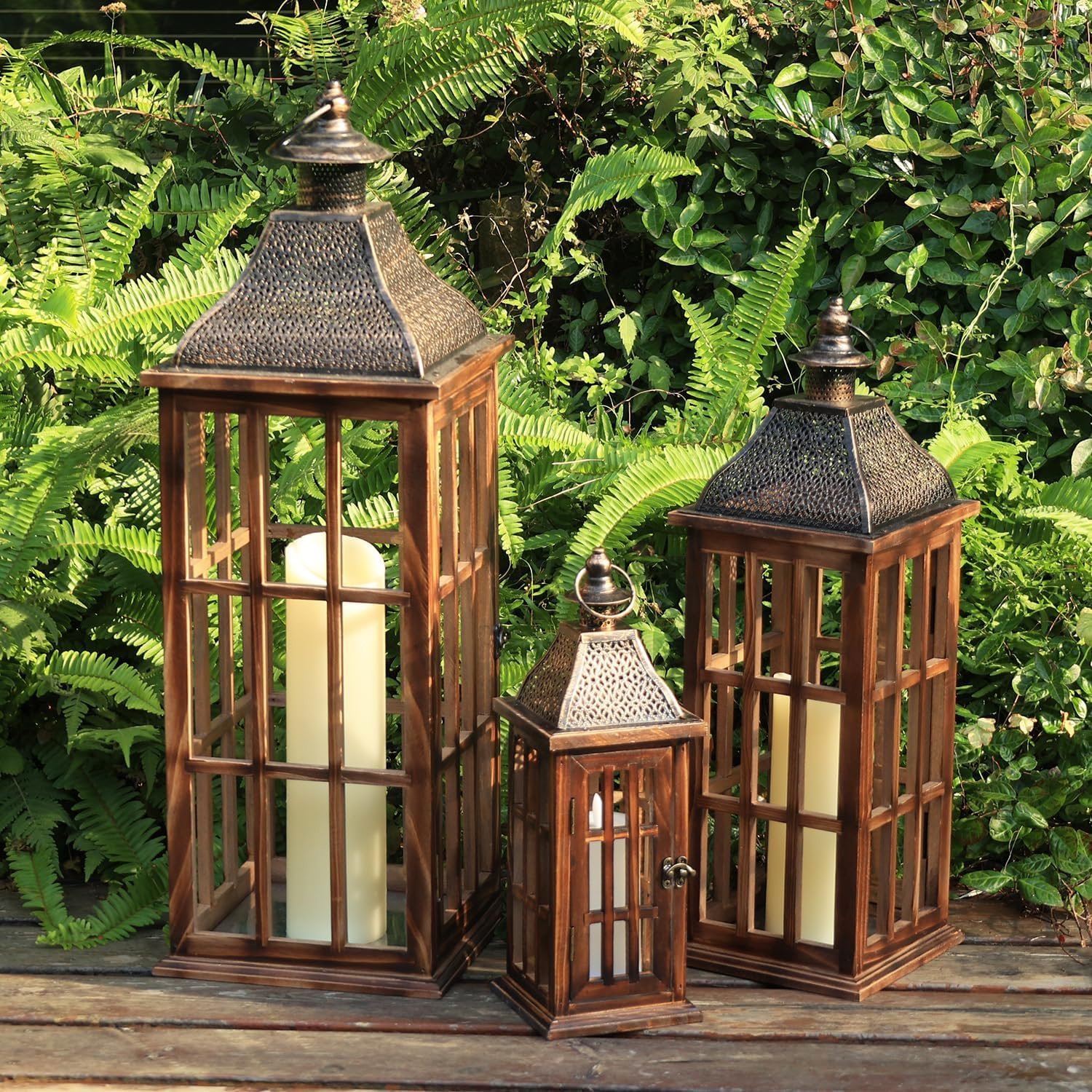 Large Farmhouse Wooden Metal Lantern Set of 3, 27”/22”/15” H Rustic Decorative Indoor & Outdoor Hanging Candle Lanterns, Wooden Outdoor Lanterns for Patio Front Porch Table, Brown