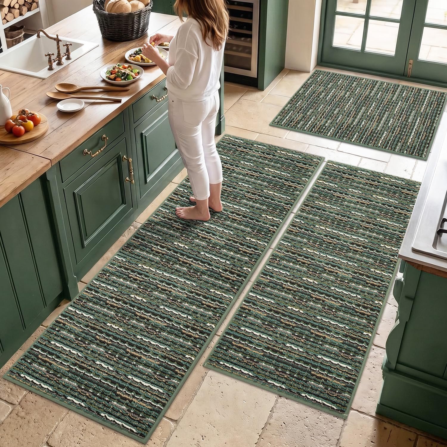BSICPRO Kitchen Rugs Sets of 3, Farmhouse Kitchen Mats for Floor, Green