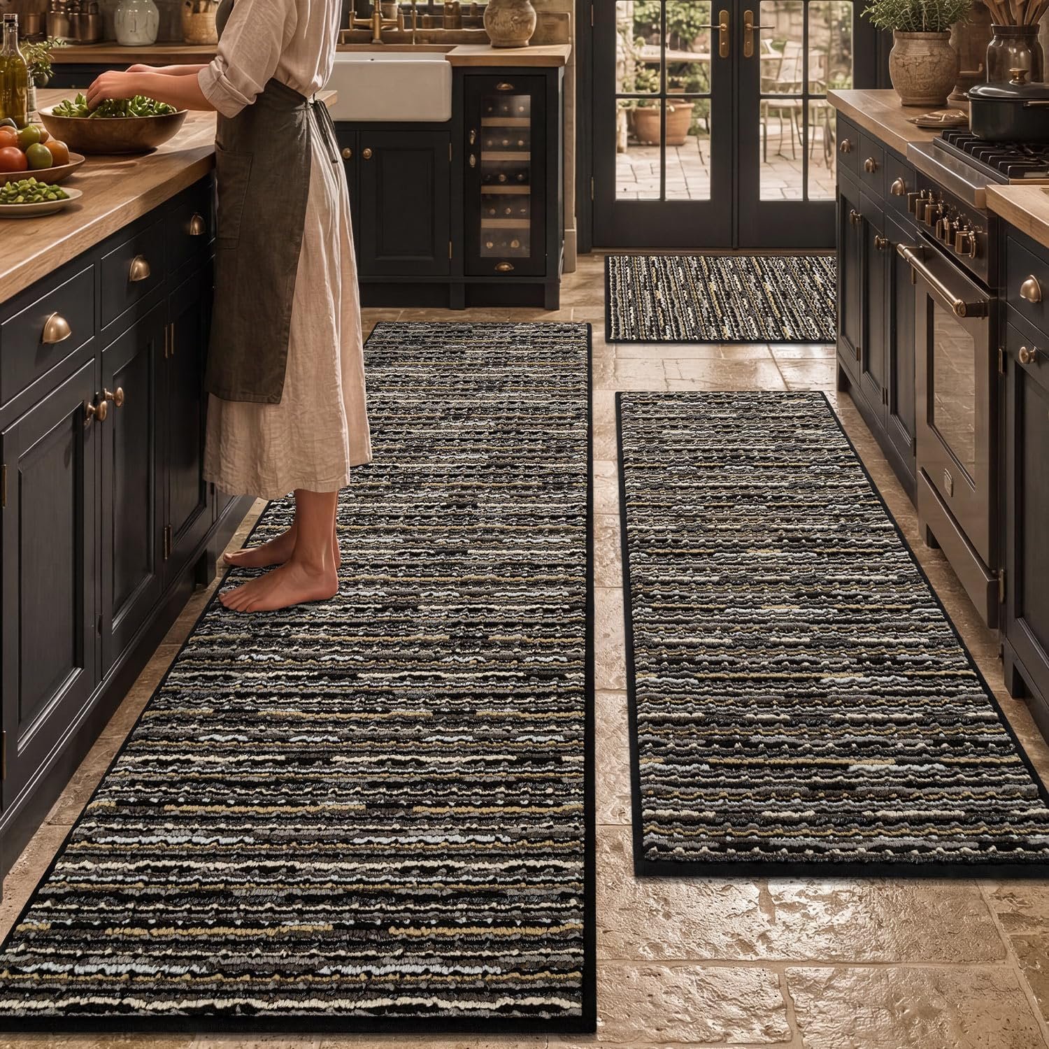 BSICPRO Large Kitchen Rug Set of 3, Farmhouse Kitchen Mat for Floor, Black