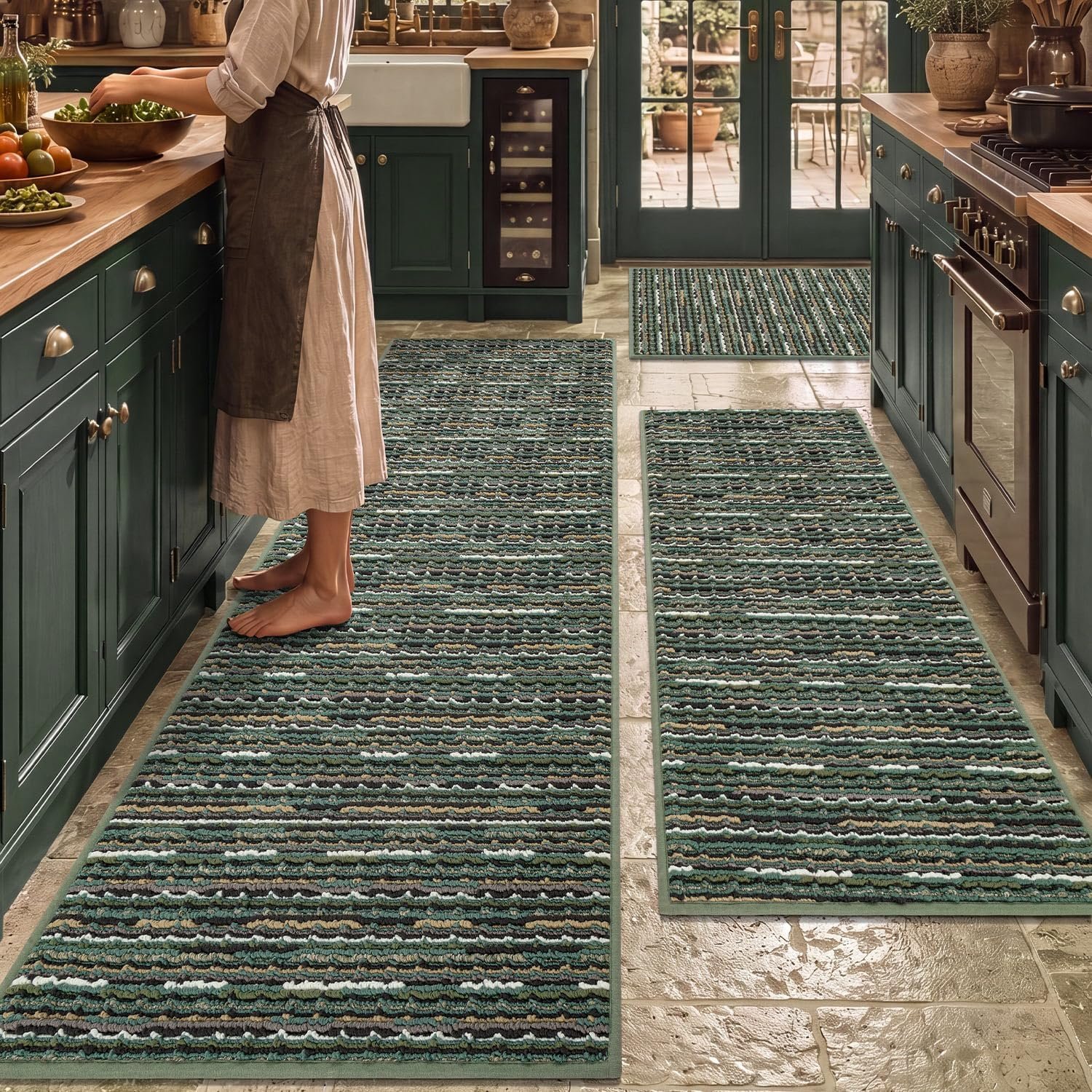 BSICPRO Large Kitchen Rug Set of 3, Farmhouse Kitchen Mats for Floor, Green