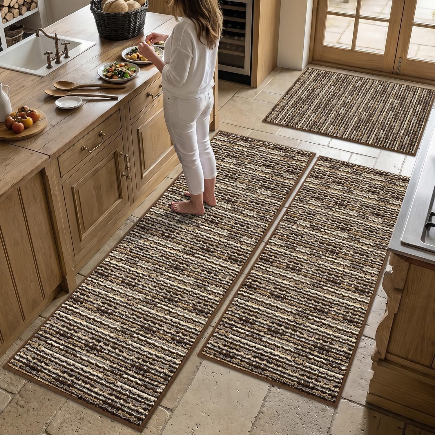 BSICPRO Kitchen Rugs Sets of 3, Farmhouse Kitchen Mats for Floor, Brown
