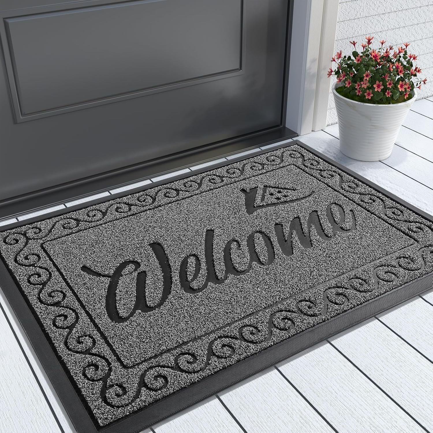 Yimobra Welcome Mat, Heavy Duty Sturdy Door Mats for Home Entrance Outdoor Indoor, Front Doormat for Outside Patio Floor Entry Porch Garage Office, Waterproof, Low Profile, 29.5×17, Black Grey