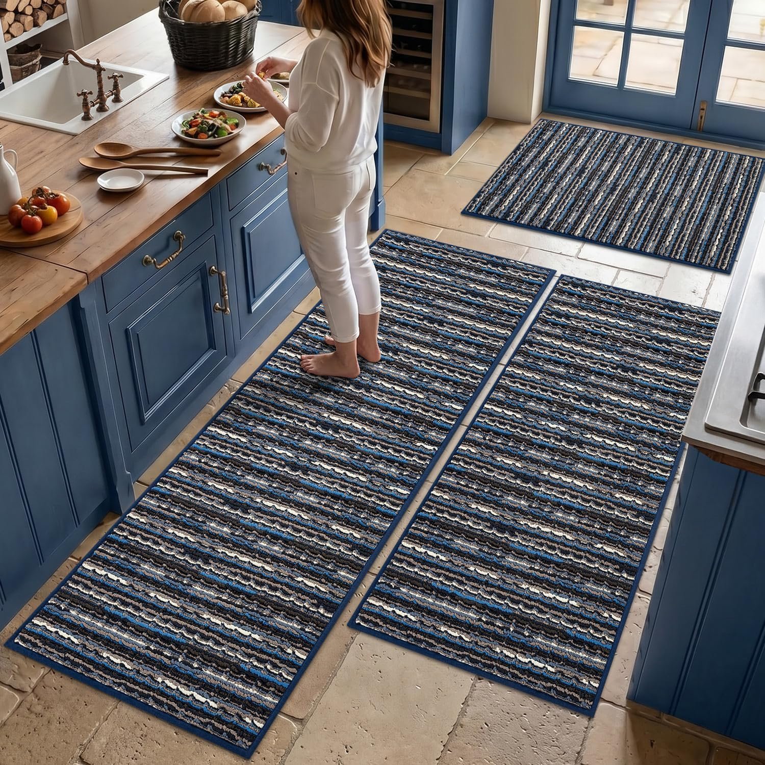 BSICPRO Kitchen Rugs Sets of 3, Farmhouse Kitchen Mats for Floor, Navy Blue